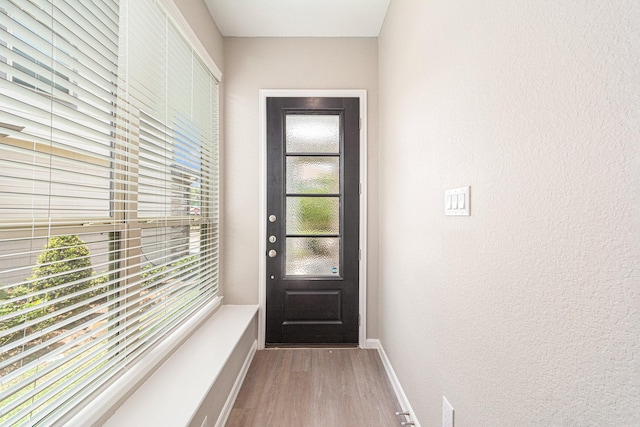210 Fulton Station Dr, Houston, TX 77009 - doorway with a textured wall, baseboards, wood finished floors, and a healthy amount of sunlight