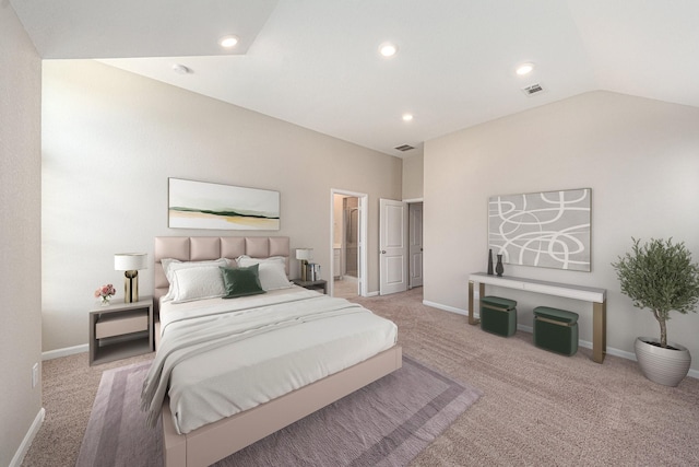 210 Fulton Station Dr, Houston, TX 77009 - bedroom featuring light colored carpet, vaulted ceiling, recessed lighting, and baseboards
