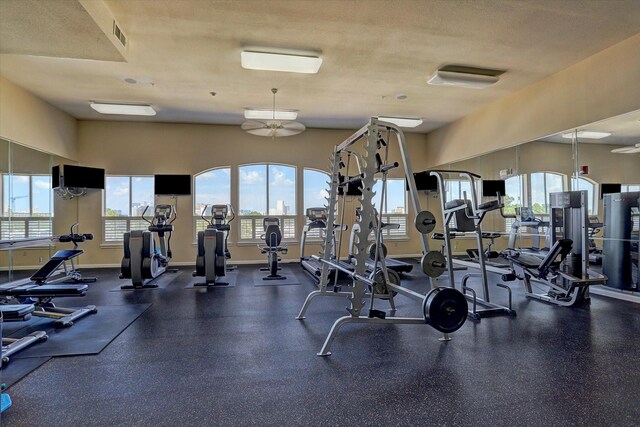 7575 Kirby Dr Unit 1108, Houston, TX 77030 - gym featuring baseboards and a textured ceiling