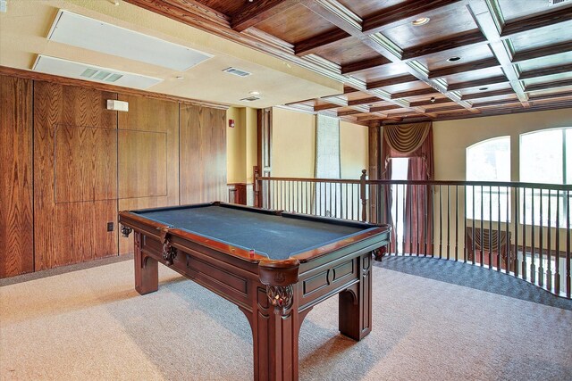 7575 Kirby Dr Unit 1108, Houston, TX 77030 - game room featuring beam ceiling, coffered ceiling, billiards, and light colored carpet