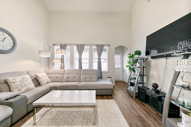 13754 Evansdale Ln, Houston, TX 77083 - living room featuring wood finished floors, arched walkways, and a high ceiling