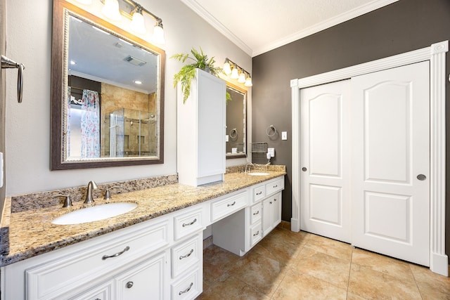 full bathroom with visible vents, crown molding, a stall shower, and a sink