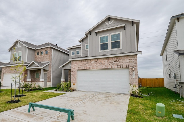 view of front of home featuring fence, a garage, concrete driveway, a front yard, and board and batten siding