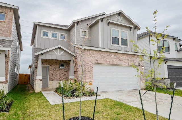 view of front of property featuring fence, board and batten siding, driveway, brick siding, and a garage