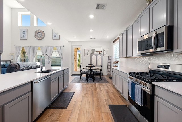 kitchen with appliances with stainless steel finishes, gray cabinets, a sink, light countertops, and light wood-type flooring