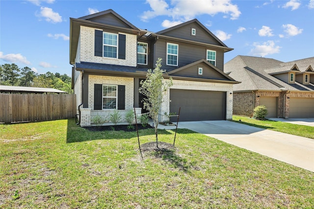 30208 Arnold Branch Dr, Magnolia, TX 77355 - view of front facade with brick siding, fence, a front lawn, concrete driveway, and an attached garage
