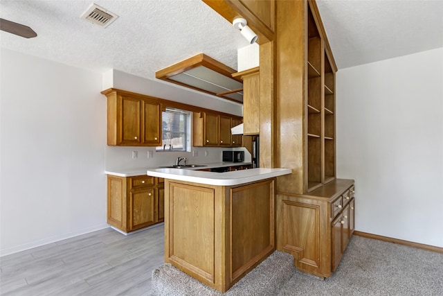 16002 Castaway Ct, Crosby, TX 77532 - kitchen with brown cabinets, a sink, a peninsula, baseboards, and light countertops