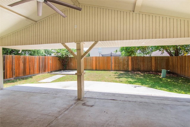 18911 Brownstone Mills Dr, Cypress, TX 77433 - fenced backyard with a patio and a ceiling fan