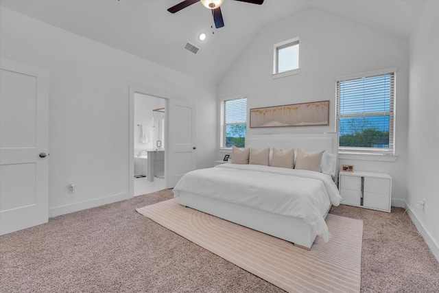 7914 Starfish Arbor Dr, Cypress, TX 77433 - carpeted bedroom with baseboards, high vaulted ceiling, ensuite bath, and ceiling fan