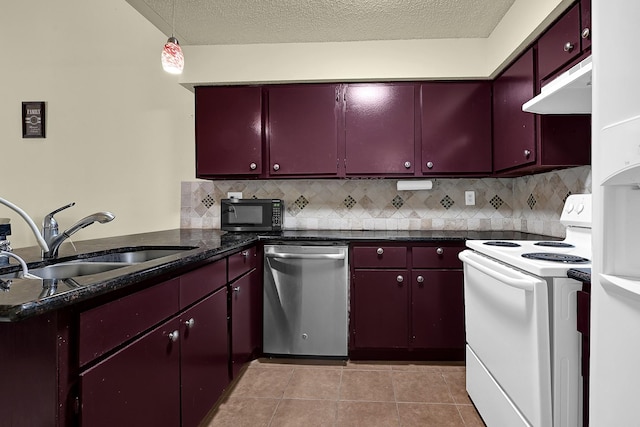 kitchen with ventilation hood, a sink, white electric stove, dishwasher, and red cabinets