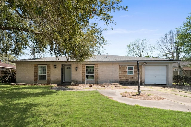 5401 Bayou Dr, Dickinson, TX 77539 - ranch-style home with stone siding, a garage, concrete driveway, a front lawn, and a shingled roof