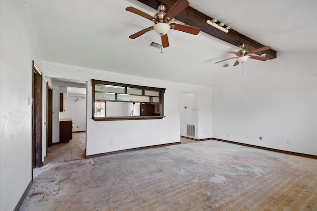 5401 Bayou Dr, Dickinson, TX 77539 - unfurnished living room featuring vaulted ceiling with beams, baseboards, ceiling fan, and visible vents