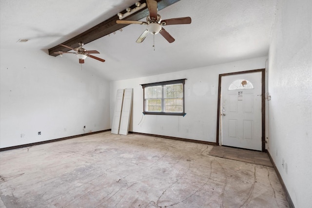 5401 Bayou Dr, Dickinson, TX 77539 - foyer entrance with baseboards, lofted ceiling with beams, visible vents, and ceiling fan