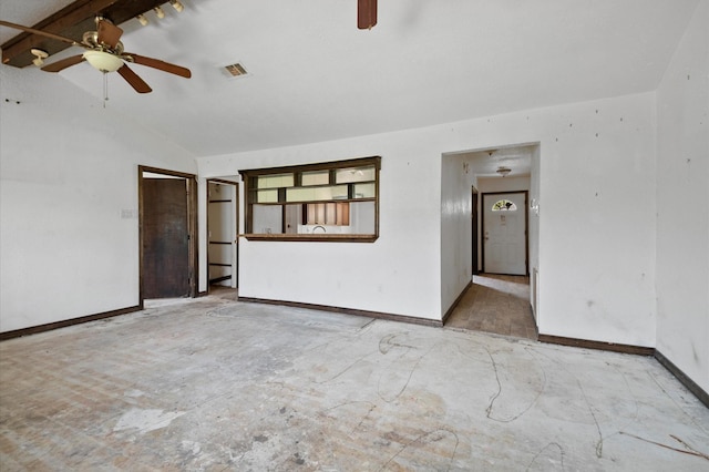 5401 Bayou Dr, Dickinson, TX 77539 - spare room featuring baseboards, visible vents, vaulted ceiling, and a ceiling fan