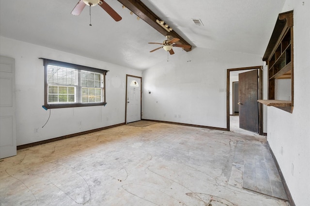 5401 Bayou Dr, Dickinson, TX 77539 - spare room with lofted ceiling with beams, baseboards, and ceiling fan