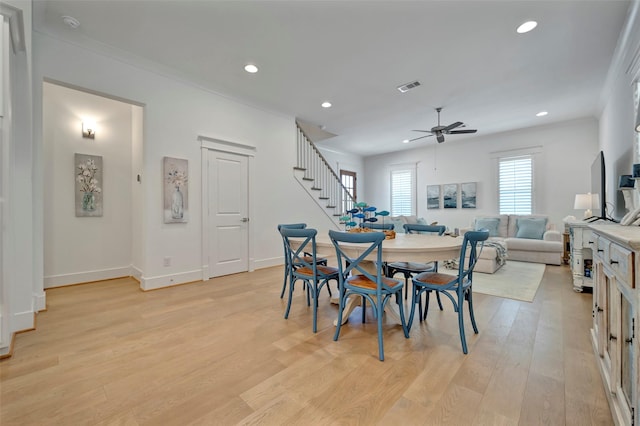 4 Caravelle Ct, Galveston, TX 77554 - dining space featuring a ceiling fan, light wood-style flooring, recessed lighting, stairway, and baseboards