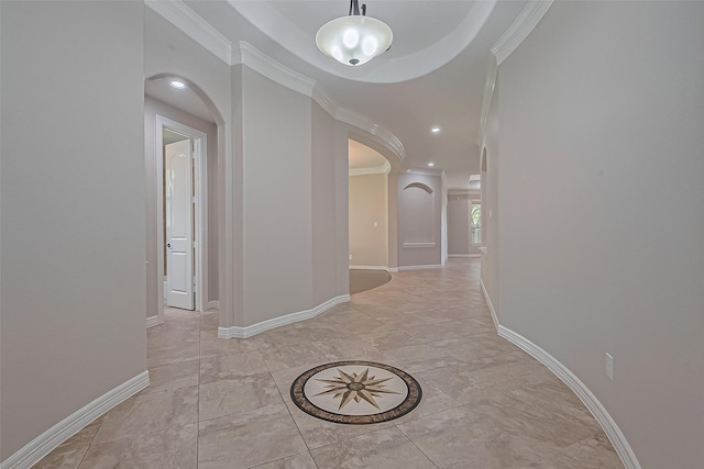 4210 Wentworth Dr, Fulshear, TX 77441 - hall with crown molding, baseboards, recessed lighting, arched walkways, and light marble finish floors