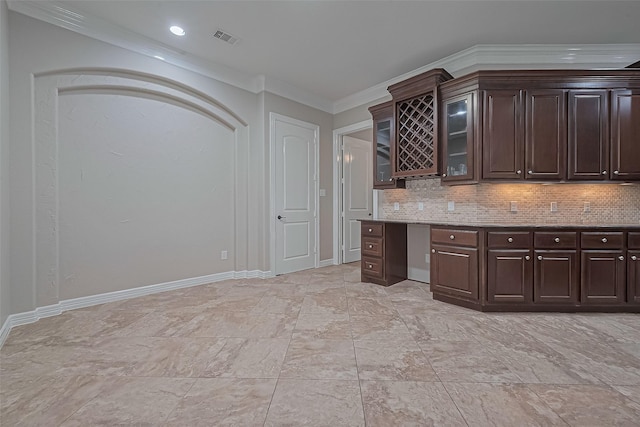 4210 Wentworth Dr, Fulshear, TX 77441 - kitchen featuring crown molding, dark brown cabinets, decorative backsplash, glass insert cabinets, and light stone countertops