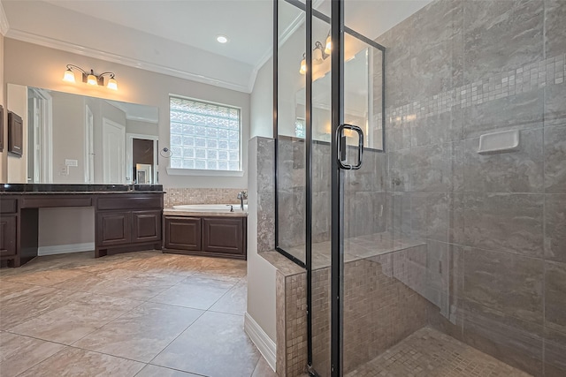 4210 Wentworth Dr, Fulshear, TX 77441 - full bathroom with crown molding, a bath, a stall shower, and vanity