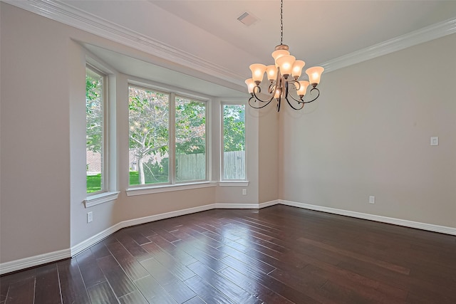 4210 Wentworth Dr, Fulshear, TX 77441 - empty room with plenty of natural light, a chandelier, ornamental molding, dark wood-style flooring, and baseboards