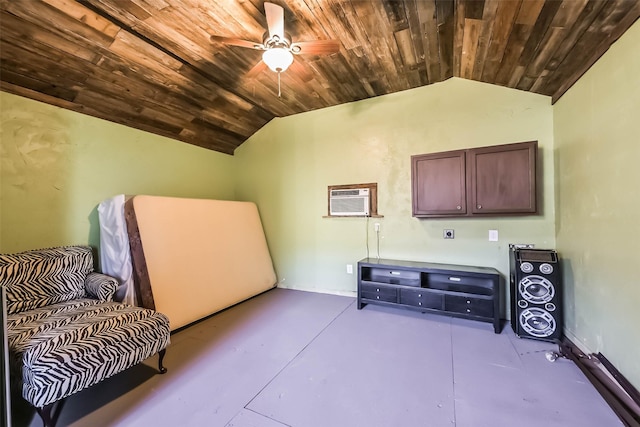 9610 Twin Oaks Dr, Manvel, TX 77578 - sitting room featuring a wall mounted AC, vaulted ceiling, a ceiling fan, and wood ceiling