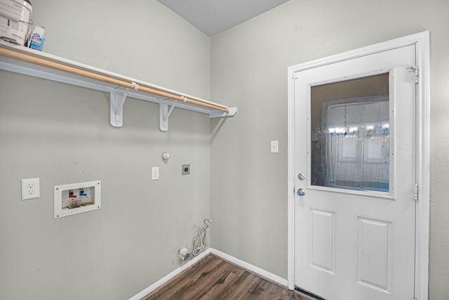 4810 Legends Bay Dr, Baytown, TX 77523 - clothes washing area with electric dryer hookup, dark wood finished floors, gas dryer hookup, and laundry area