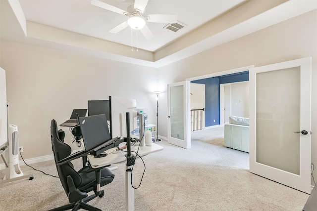 20207 Desert Foal Dr, Tomball, TX 77377 - office area with carpet, ceiling fan, a raised ceiling, and baseboards