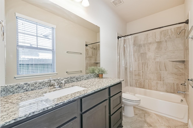 20207 Desert Foal Dr, Tomball, TX 77377 - full bathroom with toilet, shower / bathtub combination with curtain, vanity, and marble finish floors