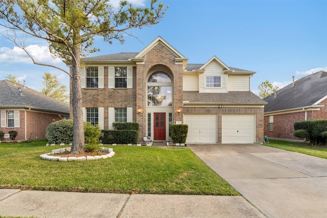 13415 Scarab Dr, Houston, TX 77041 - view of front facade with brick siding, a front yard, driveway, and a garage