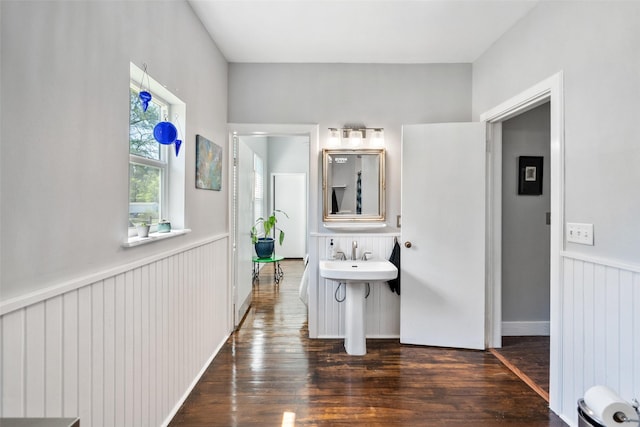275 Pashun Ln, New Waverly, TX 77358 - bathroom featuring wainscoting, wood finished floors, and a sink