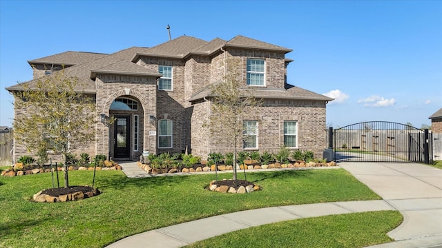 view of front of house with a gate, a front yard, brick siding, driveway, and a shingled roof