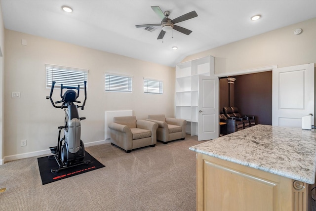 exercise area with a ceiling fan, light carpet, lofted ceiling, and recessed lighting