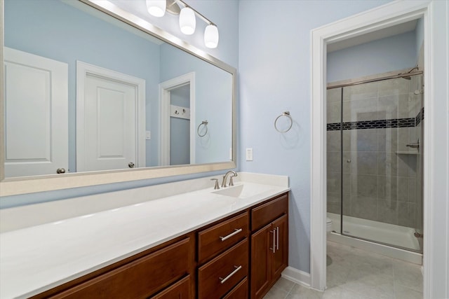 bathroom with toilet, tile patterned flooring, vanity, and a stall shower