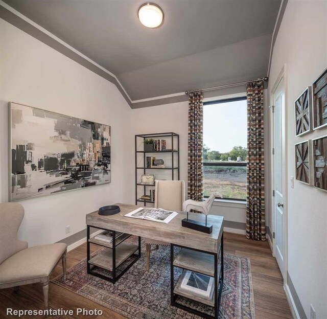office with baseboards, vaulted ceiling, and wood finished floors