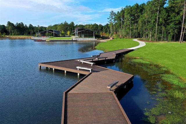 dock area featuring a water view and a yard