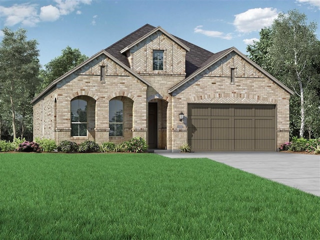 french country style house featuring a shingled roof, brick siding, a garage, a front yard, and concrete driveway