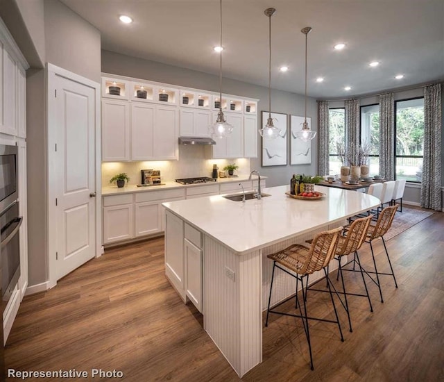kitchen featuring dark wood-style flooring, appliances with stainless steel finishes, a sink, and recessed lighting