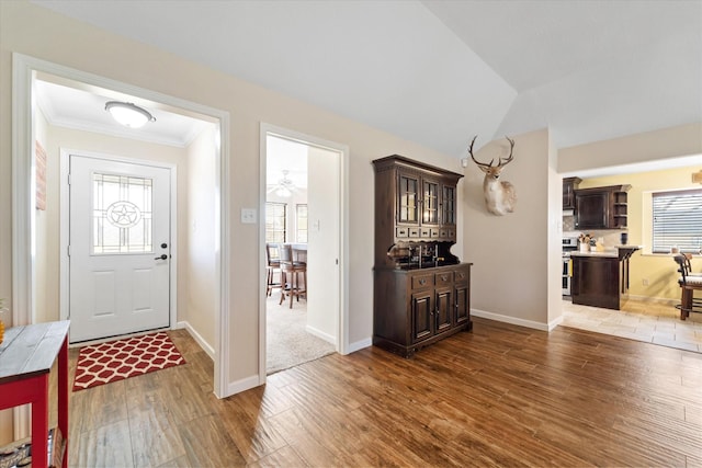 entrance foyer with baseboards, lofted ceiling, wood finished floors, and a healthy amount of sunlight