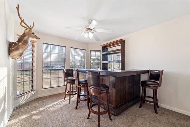 bar with baseboards, ceiling fan, a dry bar, and carpet flooring