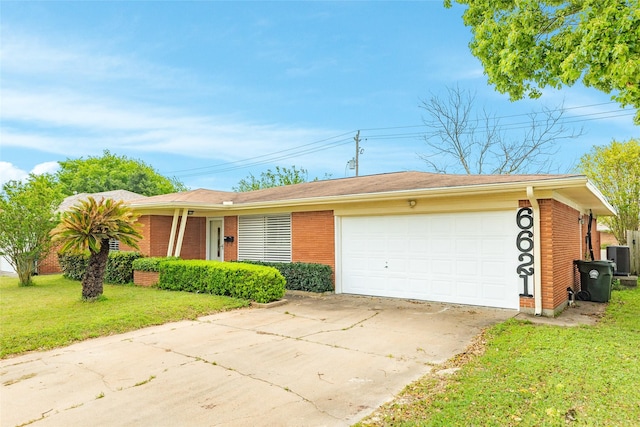 single story home with brick siding, concrete driveway, a garage, and a front lawn