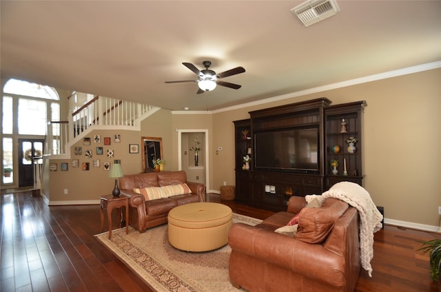 4242 Noble Oak Trl, Houston, TX 77059 - living room featuring baseboards, ceiling fan, crown molding, wood finished floors, and stairs