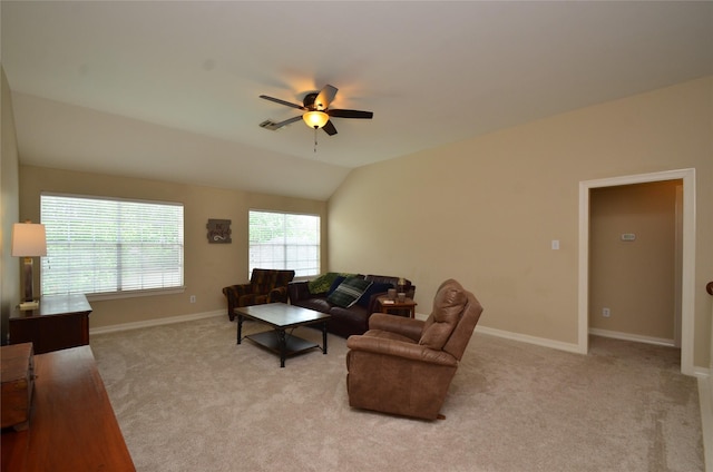 4242 Noble Oak Trl, Houston, TX 77059 - living room featuring ceiling fan, light carpet, baseboards, and lofted ceiling