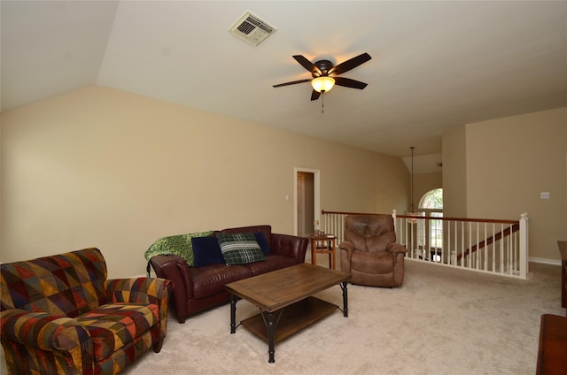 4242 Noble Oak Trl, Houston, TX 77059 - living area featuring a ceiling fan, vaulted ceiling, and light colored carpet