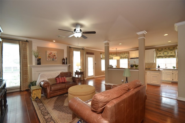 4242 Noble Oak Trl, Houston, TX 77059 - living area with ornate columns, dark wood finished floors, ceiling fan, plenty of natural light, and recessed lighting