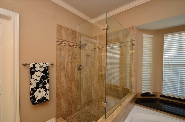 4242 Noble Oak Trl, Houston, TX 77059 - full bathroom featuring tiled shower, a bath, and ornamental molding