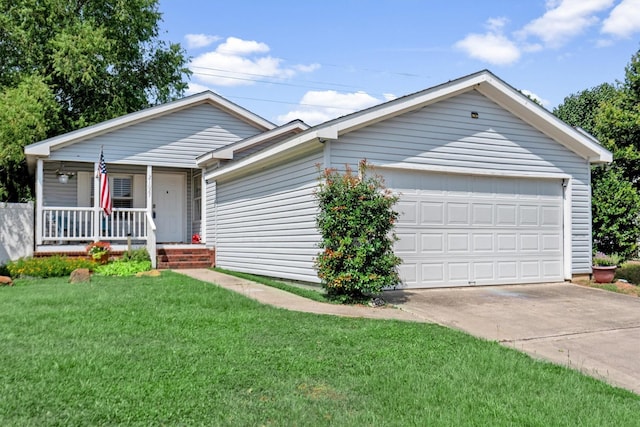 single story home with a porch, an attached garage, concrete driveway, and a front yard