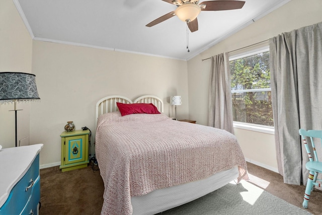 bedroom with dark carpet, baseboards, and crown molding