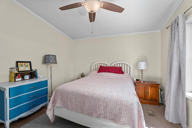 bedroom with ornamental molding, carpet, a ceiling fan, and lofted ceiling