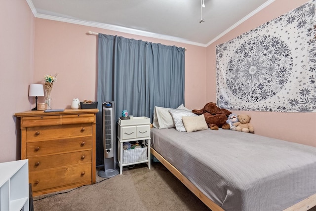 carpeted bedroom with ornamental molding