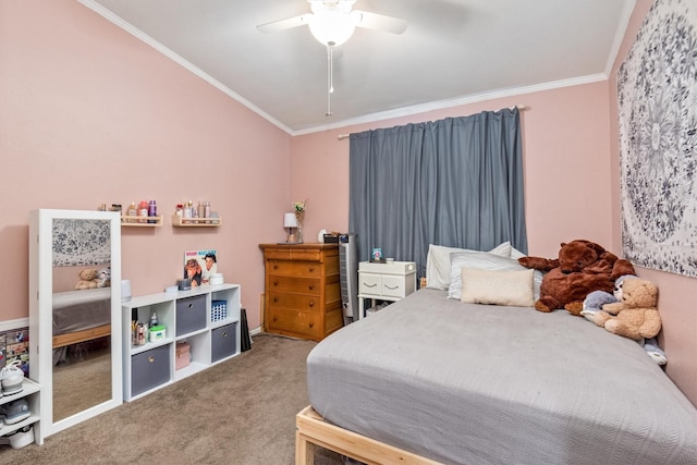 carpeted bedroom with ornamental molding, ceiling fan, and lofted ceiling